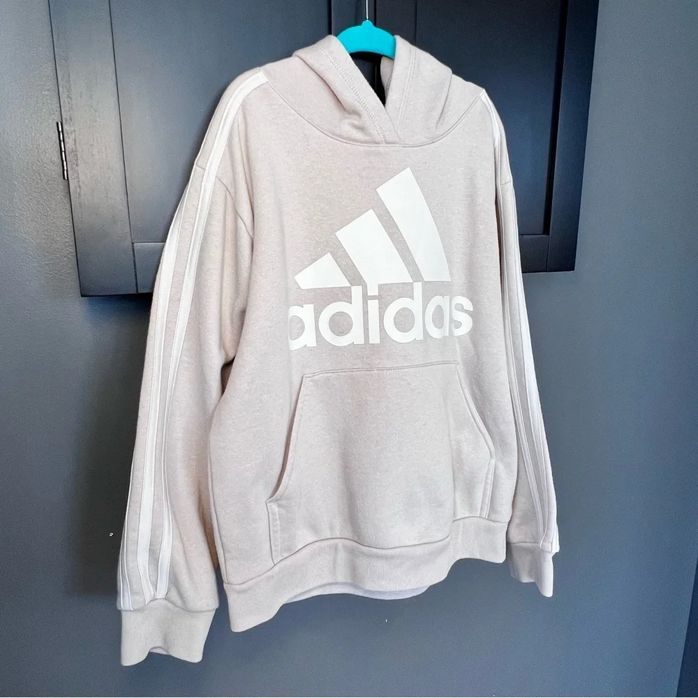adidas Boys Tech Fleece Hoodie Tan Beige Athletic Logo Sweatshirt Youth M 10 12
